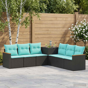 vidaXL Bankstel 7 pcs Zwart en Blauw Poly Rattan en Staal