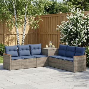 vidaXL Bankstel 7 pcs Grijs en Marineblauw Poly Rattan en Staal