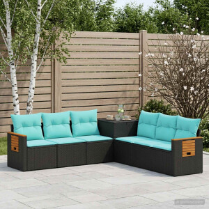 vidaXL Bankstel 7 pcs Zwart en Blauw Poly Rattan en Staal