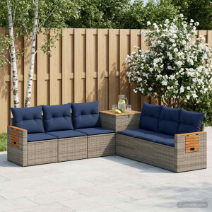 vidaXL Bankstel 7 pcs Grijs en Marineblauw Poly Rattan en Staal
