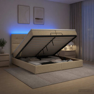 vidaXL Ottoman Bed met Matrassen en LED Crèmekleurig 200 x 200 cm Stof