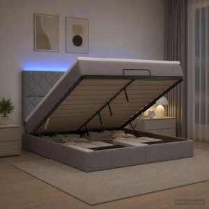 vidaXL Ottoman Bed met Matrassen en LED Lichtgrijs 180 x 200 cm Stof