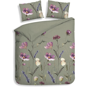 Heckettlane Dekbedovertrek Vico - Bedlinnen met Bloemen print - 260x220 - Groen - Dekbedhoes van 100% Katoen-Flanel