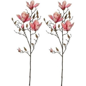 Mica Decorations Kunstbloem - 2x - Magnolia beverboom - roze - 80 cm - kunsttak