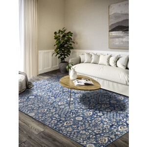 Villeroy & Boch - laagpolig vintage vloerkleed Ernest - Creme / Blauw 80x240 cm