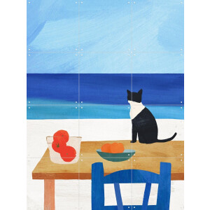 IXXI Cat at Lunch, Henry Rivers - 60 x 80 cm - Gratis ophangtool - Grote wanddecoratie en posters - Illustraties, Kleurrijk, Minimalistisch, Speels