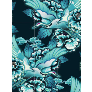 IXXI Crane Bird Pattern Cloudy Petrol, Marylène Madou - 60 x 80 cm - Gratis ophangtool - Grote wanddecoratie en posters - Digitale Kunst