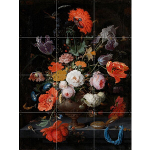 IXXI Stilleven met bloemen en horloge, Abraham Mignon & Rijksmuseum - 60 x 80 cm - Gratis ophangtool - Grote wanddecoratie en posters - Olieverf