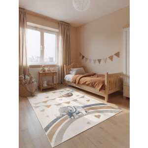 Villeroy & Boch Kindervloerkleed Elephant Rainbow Party - Creme / Kleurrijk - Laagpolig Vloerkleed Kinderkamer - 160x230 cm
