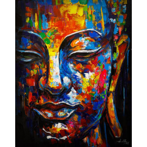 Original Buddha Art - Handgeschilderd Boeddha Schilderij Awakening met Zwarte Baklijst - 80 x 100 cm