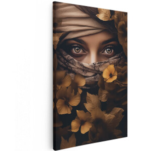 Artaza Canvas Schilderij Vrouw met Hoofddoek en Bloemen - Bloemen - 100x150 cm - Groot - Wanddecoratie Woonkamer - Schilderijen - Muurdecoratie
