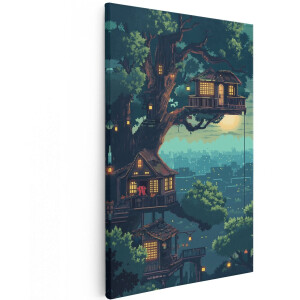 Artaza Canvas Schilderij Boomhut - 80x120 cm - Wanddecoratie Pixel Art - Muurdecoratie Bos - Decoratie Boom Jongenskamer