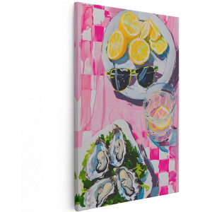 Artaza Canvas Schilderij Stilleven Oesters - 100x150 cm - Groot - Wanddecoratie Citroenen - Muurdecoratie Zomer - Decoratie Keuken - Roze