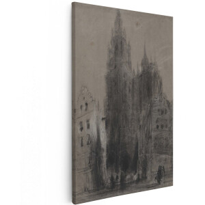 Artaza Canvas Schilderij Gotische Kerk - 100x150 cm - Groot - Wanddecoratie Zwart Wit - Muurdecoratie Kathedraal - Decoratie Schets Stad