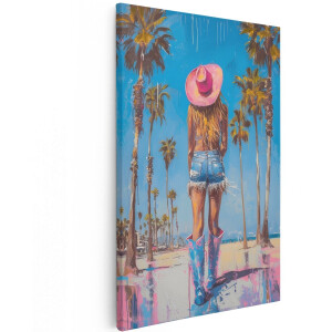 Artaza Canvas Schilderij Vrouw - 100x150 cm - Groot - Wanddecoratie Strand - Muurdecoratie Palmbomen - Decoratie Boho - Roze