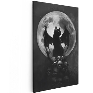 Artaza Canvas Schilderij Zwarte Kat - 120x180 cm - Groot - Wanddecoratie Vleermuisvleugels - Muurdecoratie Schedels - Decoratie Volle Maan - Zwart