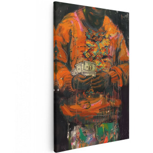 Artaza Canvas Schilderij Man in een Oranje Trui met Geld - 120x180 cm - Groot - Wanddecoratie Woonkamer - Schilderijen - Muurdecoratie