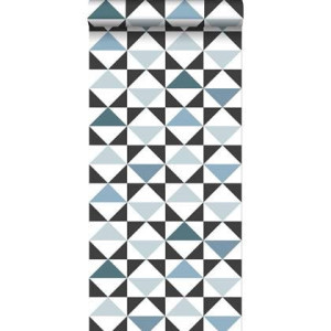 ESTAhome behang grafische driehoeken wit, zwart, vintage blauw en lich