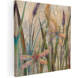 Artaza Canvas Schilderij Kleurrijke Libellen in het Gras - Dieren - 80x80 cm - Groot - Wanddecoratie Woonkamer - Schilderijen - Muurdecoratie