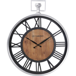 LW Collection wandklok zilver en zwart hout met glasplaat 60cm - Grote glazen muurklok romeinse cijfers - Industriële Houten klok - Moderne wandklok stil uurwerk
