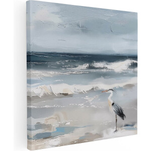 Artaza Canvas Schilderij Reiger op het Strand - Dieren - 70x70 cm - Wanddecoratie Woonkamer - Schilderijen - Muurdecoratie