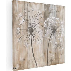 Artaza Canvas Schilderij Twee Paardebloemen op een Houten Plank - Bloemen - 80x80 cm - Groot - Wanddecoratie Woonkamer - Schilderijen - Muurdecoratie