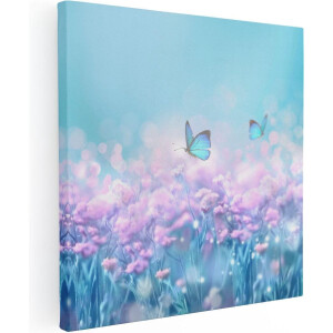Artaza Canvas Schilderij Twee Blauwe Vlinders Bij Roze Bloemen - 30x30 - Klein - Foto Op Canvas - Canvas Print