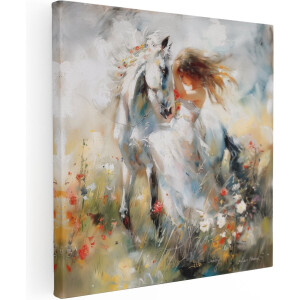 Artaza Canvas Schilderij Vrouw op een Paard in een Veld - Dieren - 60x60 cm - Wanddecoratie Woonkamer - Schilderijen - Muurdecoratie