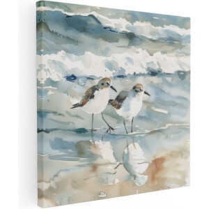 Artaza Canvas Schilderij Twee Strandlopers op het Strand - Dieren - 90x90 cm - Groot - Wanddecoratie Woonkamer - Schilderijen - Muurdecoratie