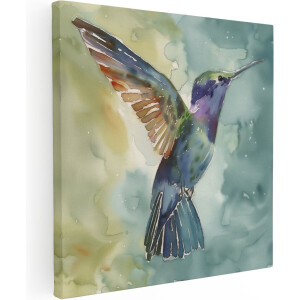 Artaza Canvas Schilderij Aquarel Kunstwerk van een Kolibrie - Dieren - 70x70 cm - Wanddecoratie Woonkamer - Schilderijen - Muurdecoratie