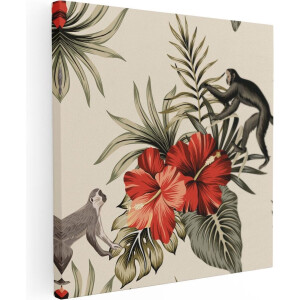 Artaza Canvas Schilderij Jungle - 40x40 cm - Klein - Wanddecoratie Hibiscus - Muurdecoratie Dieren - Kamer Accessoires Luiaard