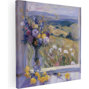 Artaza Canvas Schilderij Kunstwerk van Bloemen op een Vensterbank - 50x50 - Wanddecoratie - Foto Op Canvas - Canvas Print