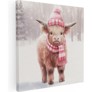 Artaza Canvas Schilderij Schotse Hooglander - 90x90 cm - Wanddecoratie Woonkamer - Muurdecoratie Kalf - Decoratie Winter