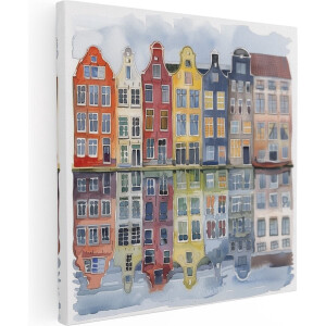 Artaza Canvas Schilderij Kleurrijke Huizen Weerspiegeld in het Water - 80x80 cm - Groot - Wanddecoratie Woonkamer - Schilderijen - Muurdecoratie