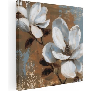 Artaza Canvas Schilderij Twee Witte Bloemen op een Bruine Achtergrond - 30x30 - Klein - Foto Op Canvas - Canvas Print