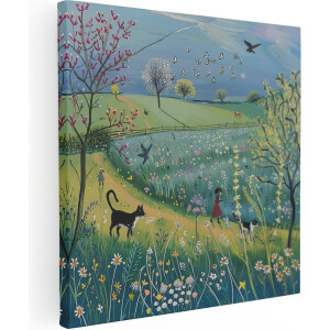 Artaza Canvas Schilderij Landschap Bloemenveld - 80x80 cm - Wanddecoratie Natuur - Muurdecoratie Meisje Met Kat - Schilderijen Op Canvas
