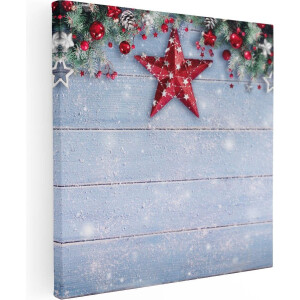 Artaza Canvas Schilderij Kerst Achtergrond Met Sneeuw Op Tafel - 80x80 cm - Groot - Wanddecoratie Woonkamer - Schilderijen - Muurdecoratie