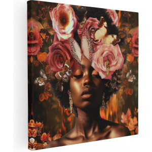 Artaza Canvas Schilderij Vrouw Bloemen - 70x70 cm - Wanddecoratie Schilderij Zwarte Vrouw - Muurdecoratie Vlinders - Kamer Accessoires