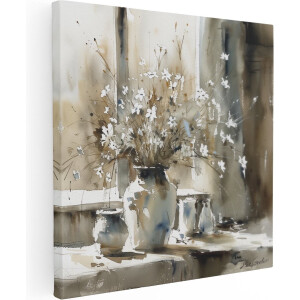 Artaza Canvas Schilderij Bloemen Stilleven - 90x90 cm - Wanddecoratie Aquarel - Muurdecoratie Vaas - Schilderijen Op Canvas