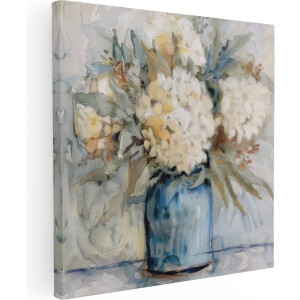 Artaza Canvas Schilderij Witte Bloemen in een Blauwe Vaas - Bloemen - 80x80 cm - Groot - Wanddecoratie Woonkamer - Schilderijen - Muurdecoratie