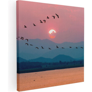 Artaza Canvas Schilderij Vogels - 50x50 cm - Wanddecoratie Zonsondergang - Muurdecoratie Vogels - Schilderijen Op Canvas Bergen