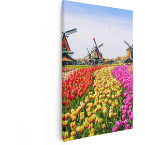 Artaza Canvas Schilderij Kleurrijke Tulpen Bloemenveld - Windmolen - 60x90 - Foto Op Canvas - Canvas Print