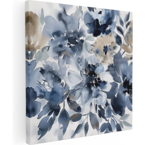 Artaza Canvas Schilderij Blauwe en Beige Bloemen op een Witte Achtergrond - Bloemen - 30x30 cm - Klein - Wanddecoratie Woonkamer - Schilderijen - Muurdecoratie