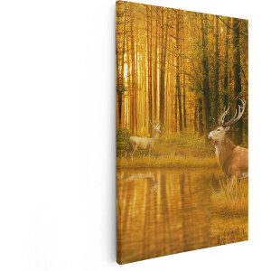Artaza Canvas Schilderij Twee Herten In Het Bos Bij Het Water - 80x120 - Groot - Foto Op Canvas - Canvas Print