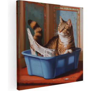 Artaza Canvas Schilderij Kat in een Blauwe Container - Dieren - 40x40 cm - Klein - Wanddecoratie Woonkamer - Schilderijen - Muurdecoratie