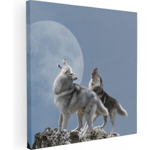 Artaza Canvas Schilderij Twee Wolven Die Huilen Tijdens Volle Maan - 60x60 - Foto Op Canvas - Canvas Print