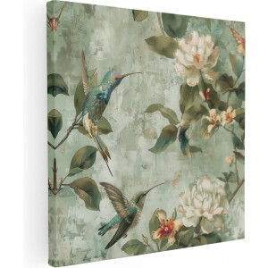 Artaza Canvas Schilderij Kolibries met Bloemen op een Groene Achtergrond - Bloemen - 70x70 cm - Wanddecoratie Woonkamer - Schilderijen - Muurdecoratie