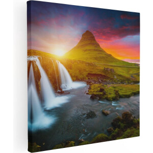 Artaza Canvas Schilderij Waterval - 70x70 cm - Wanddecoratie Landschap - Muurdecoratie Bergen - Schilderij Zonsondergang IJsland