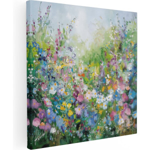 Artaza Canvas Schilderij Bloemen in een Tuin - Bloemen - 90x90 cm - Groot - Wanddecoratie Woonkamer - Schilderijen - Muurdecoratie