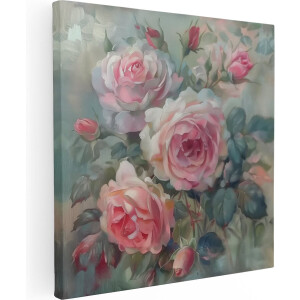 Artaza Canvas Schilderij Roze Rozen in een Vaas - Bloemen - 40x40 cm - Klein - Wanddecoratie Woonkamer - Schilderijen - Muurdecoratie